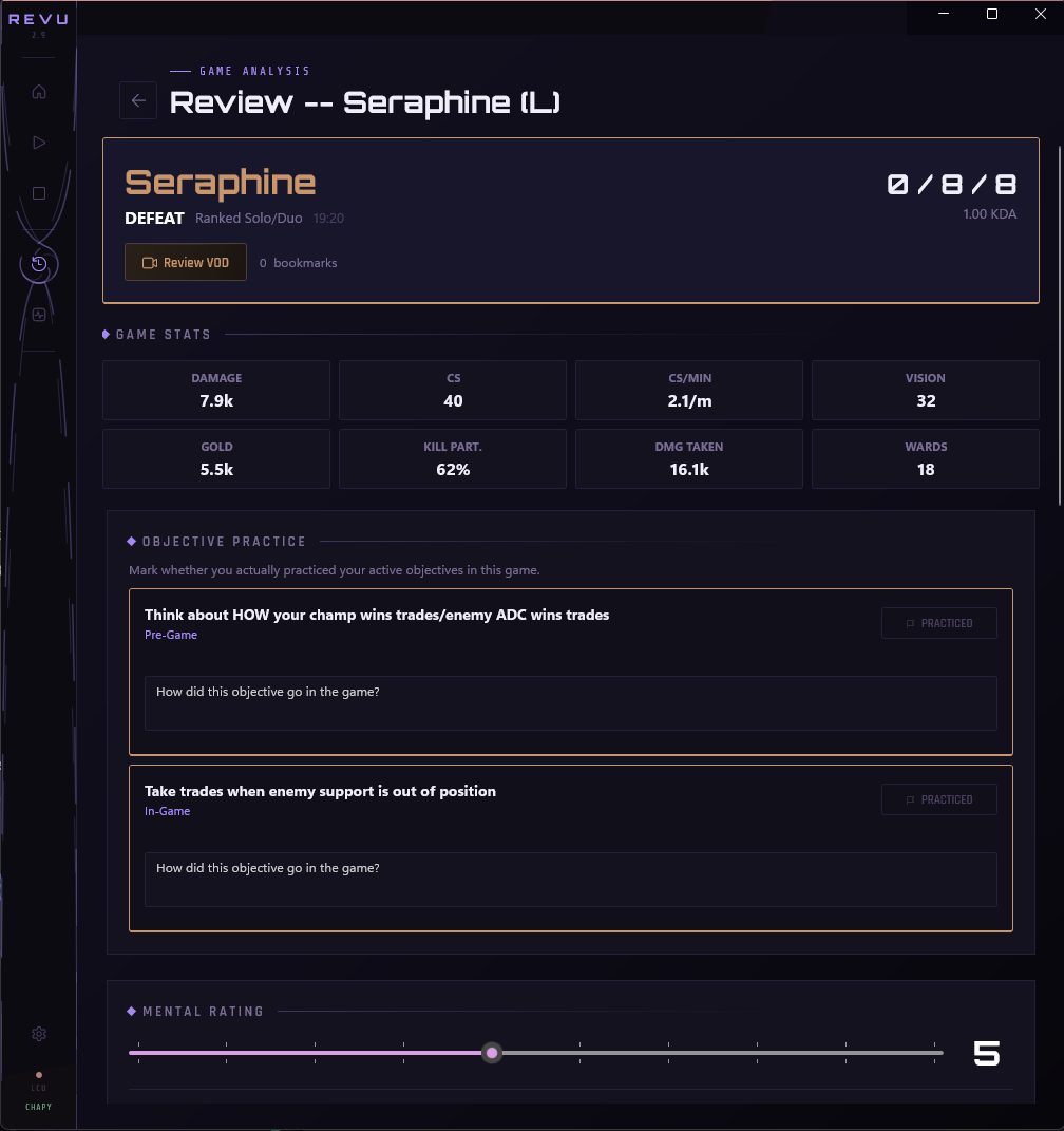 Revu post-game review for Seraphine showing KDA, CS, gold stats and objective practice checklist