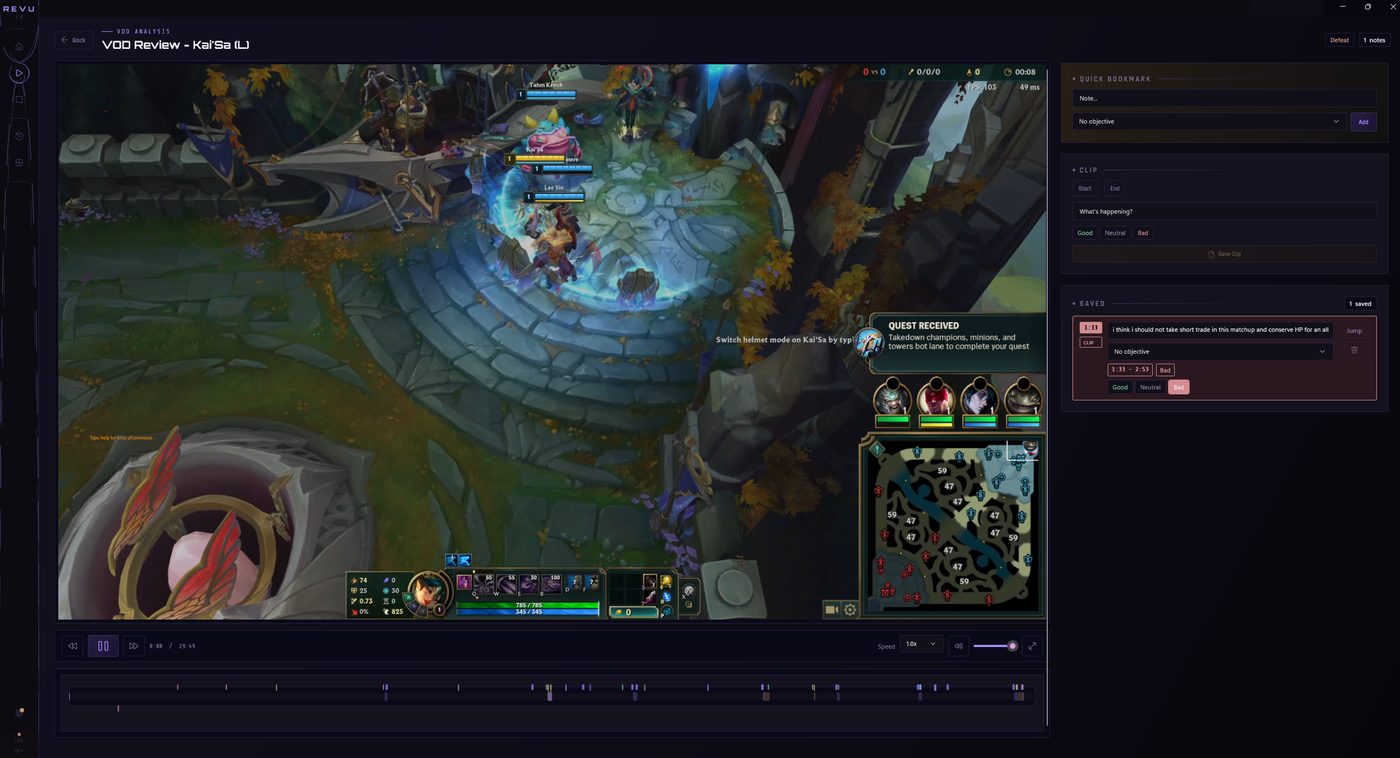 Revu VOD review view: a paused League of Legends match with side panels for bookmarks, clips, and saved notes