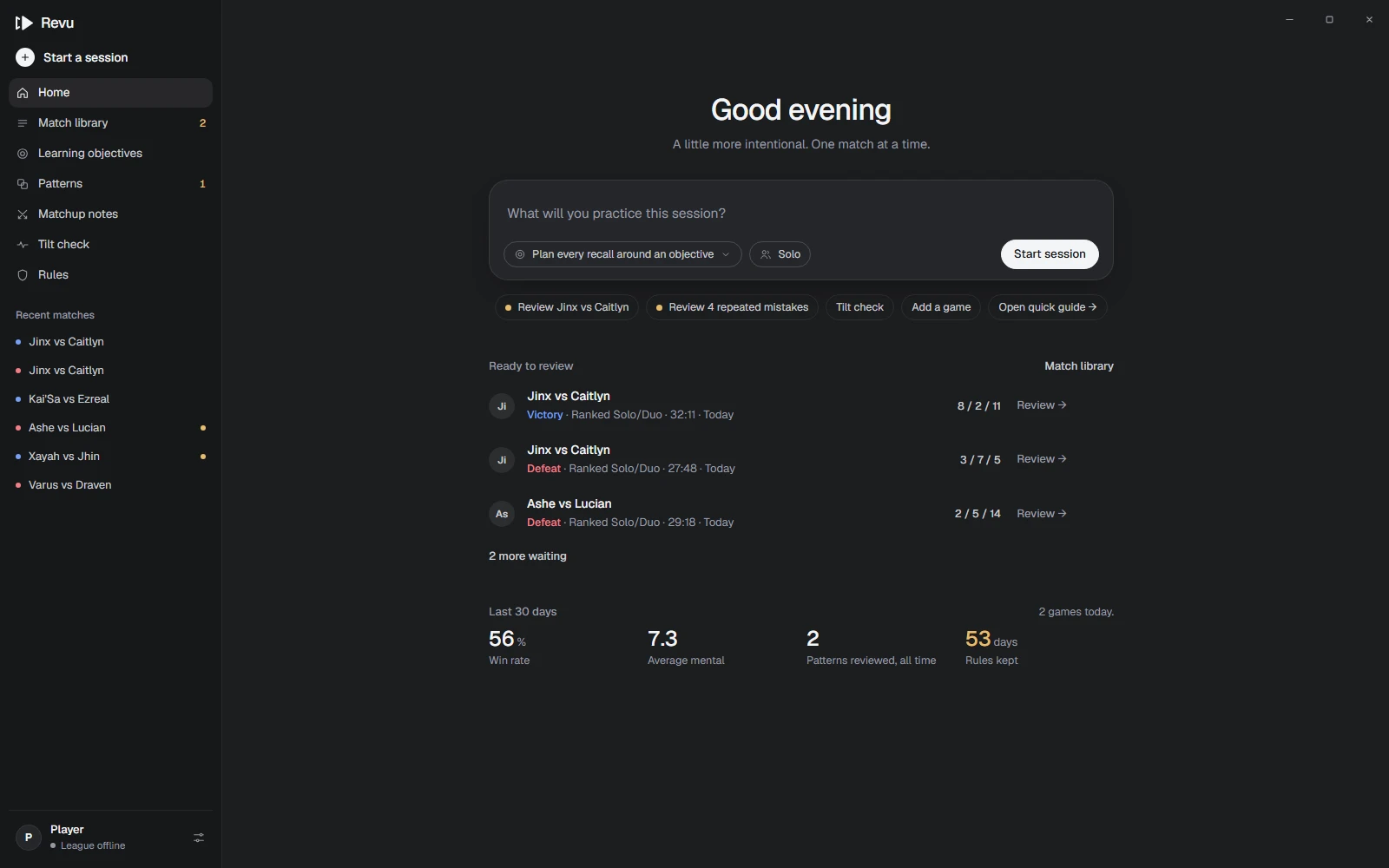 Revu Home: a session composer asking what you will practice, three ranked games ready to review, and your last 30 days