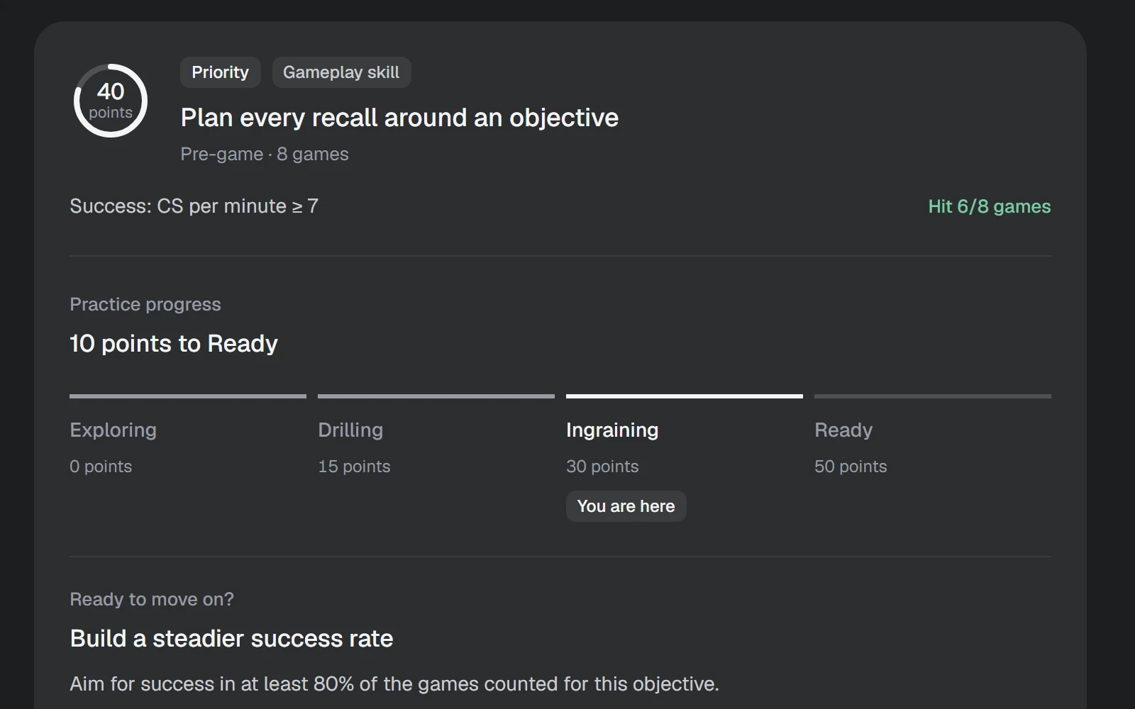 Revu learning objectives: a priority objective with its success rule and practice progress from Exploring to Ready
