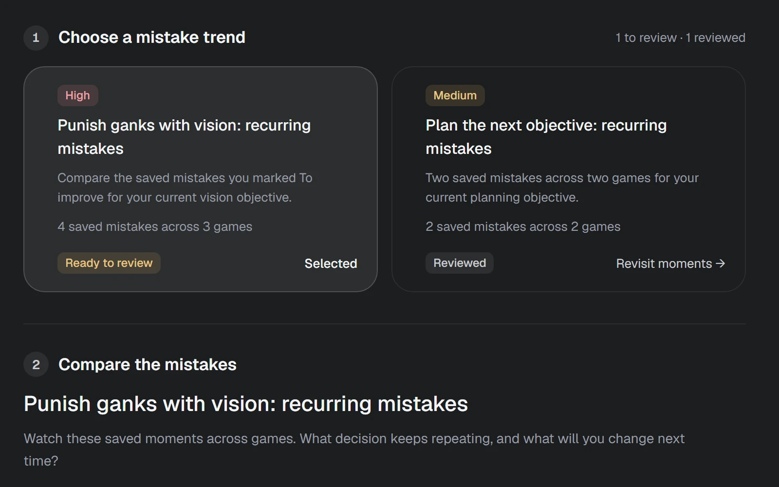 Revu patterns: recurring mistake trends, each grouping saved moments from two or more games to compare
