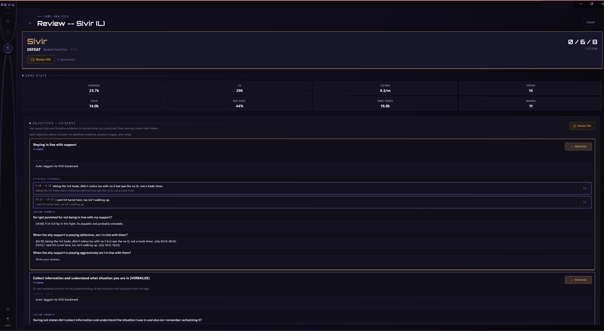 Revu Post-Game Review for Sivir: KDA, CS and gold stats followed by an objective evidence checklist of what went well and didn't