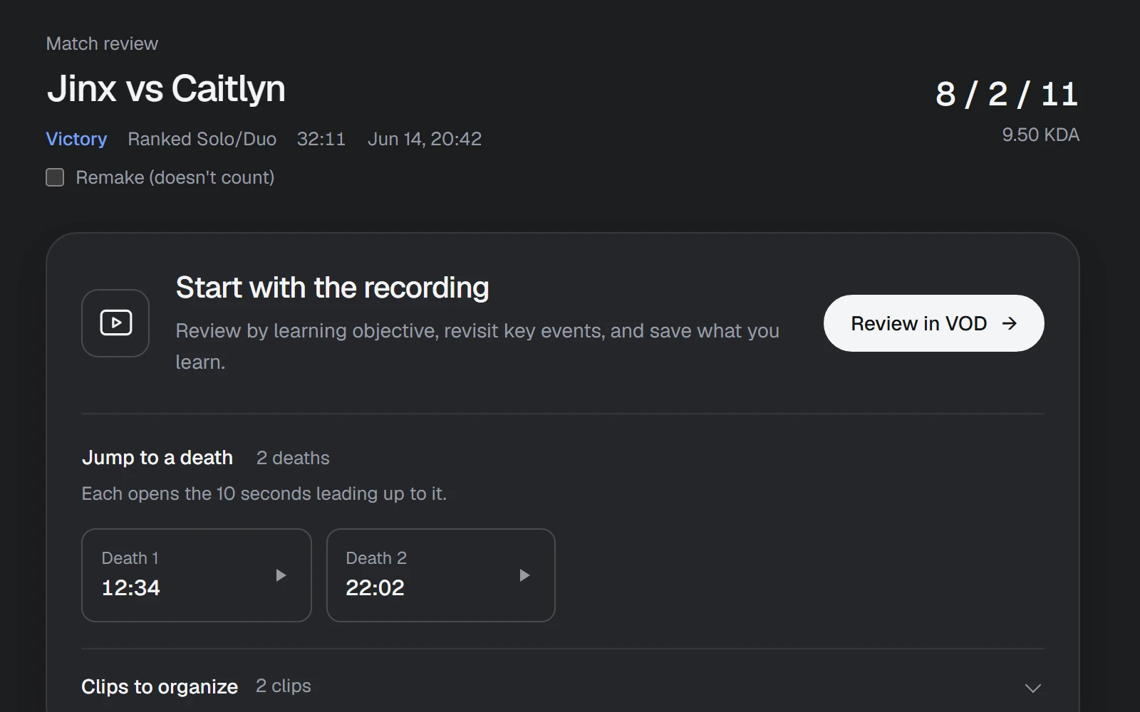Revu match review for Jinx vs Caitlyn: the recording with its timeline of the game