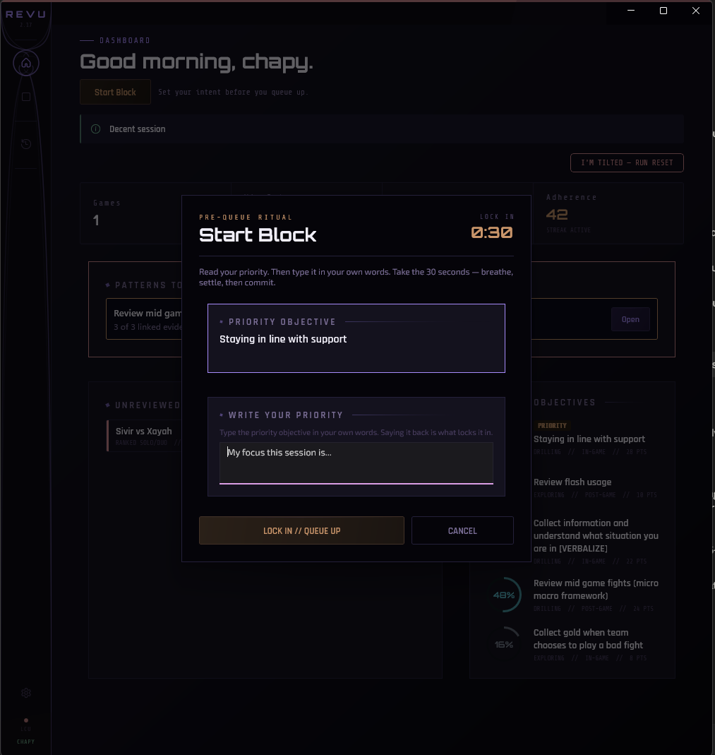Revu Start Block: a pre-queue ritual modal prompting you to write your priority objective before queuing