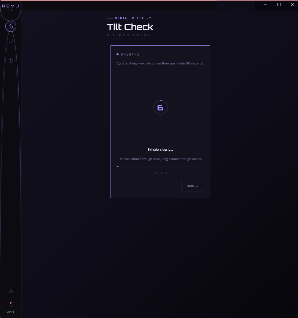 Revu Tilt Check: a guided breathing screen for a short mental reset between games