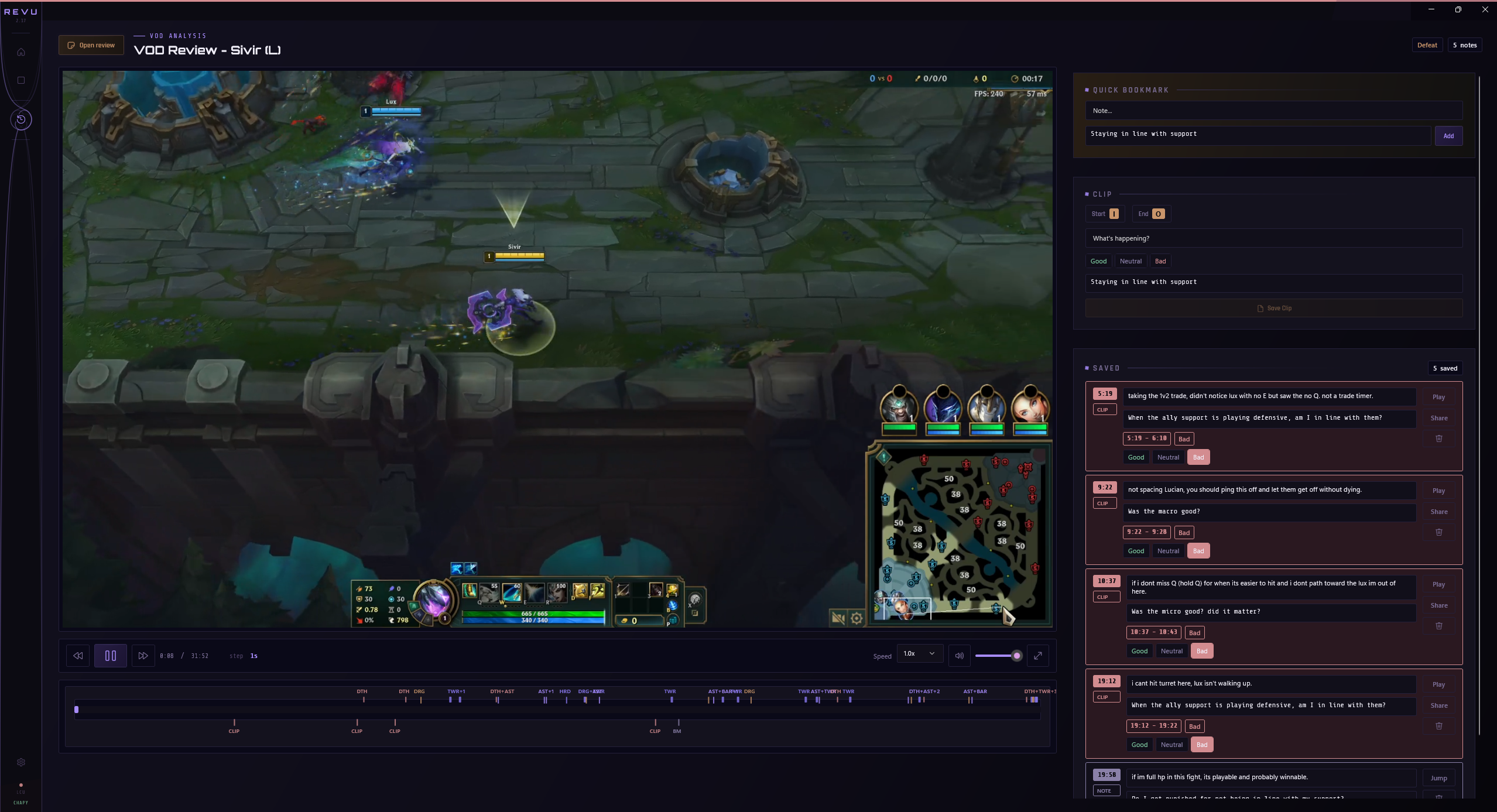 Revu VOD Review: a paused League match in the video player with a scrubbable timeline and an evidence side panel of tagged moments